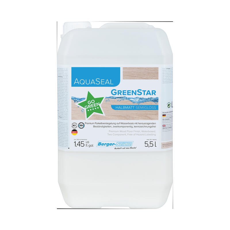 AquaSeal Greenstar 5,5L īpaši matēta (ultramatt) divkomponentu, ūdens bāzes, augstākās klases grīdas laka - Image 1