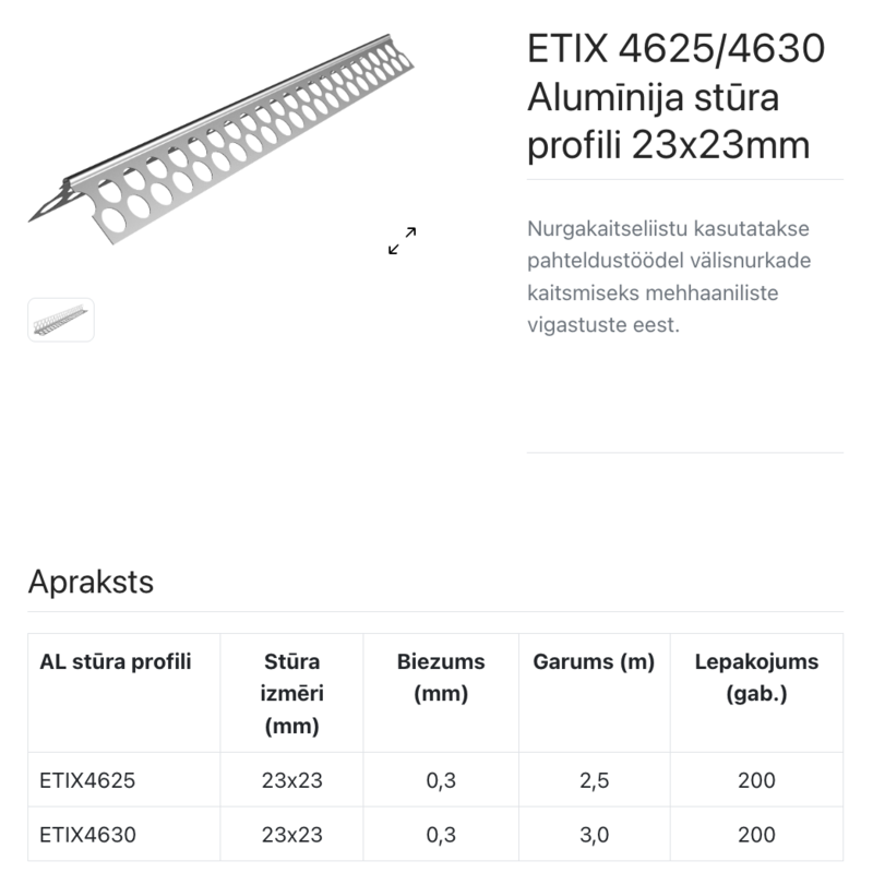 ETIX 4530 Alumīja stūris 23x23 mm perforēts 0,3 mm 3,0m - Image 2