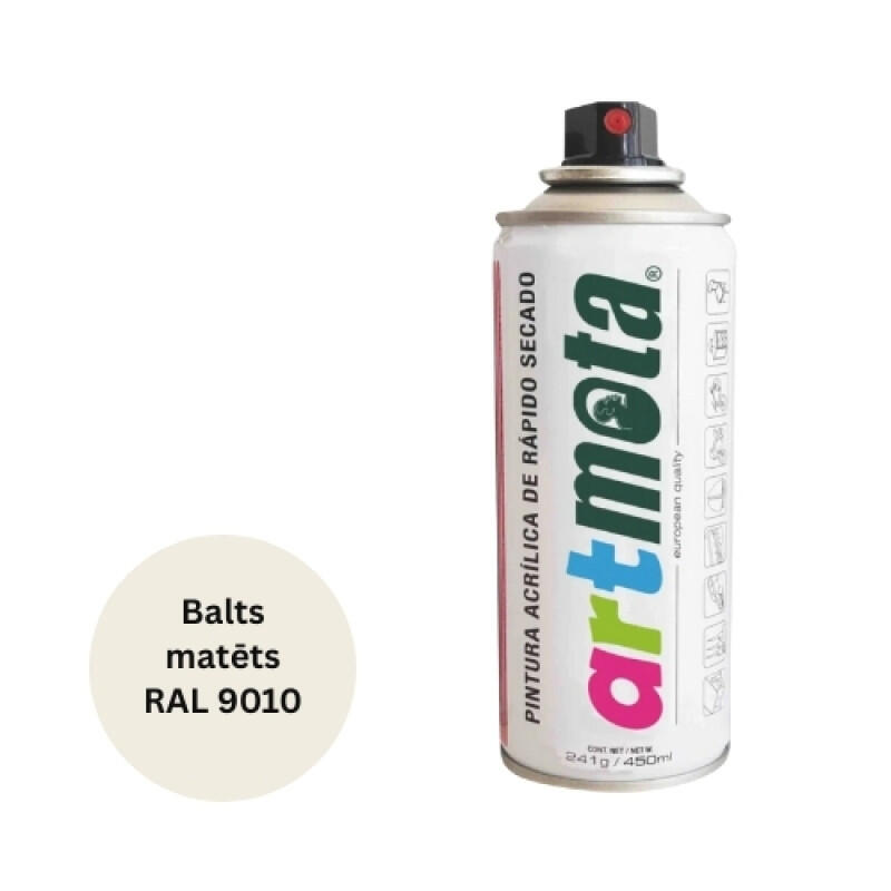 Akrila aerosola krāsa 450 ml, matēta balta, RAL9011 - Image 1